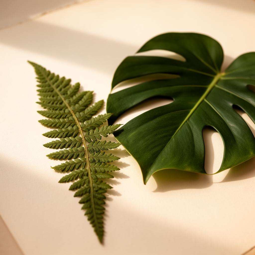 A fern frond and monstera leaf laid on warm paper