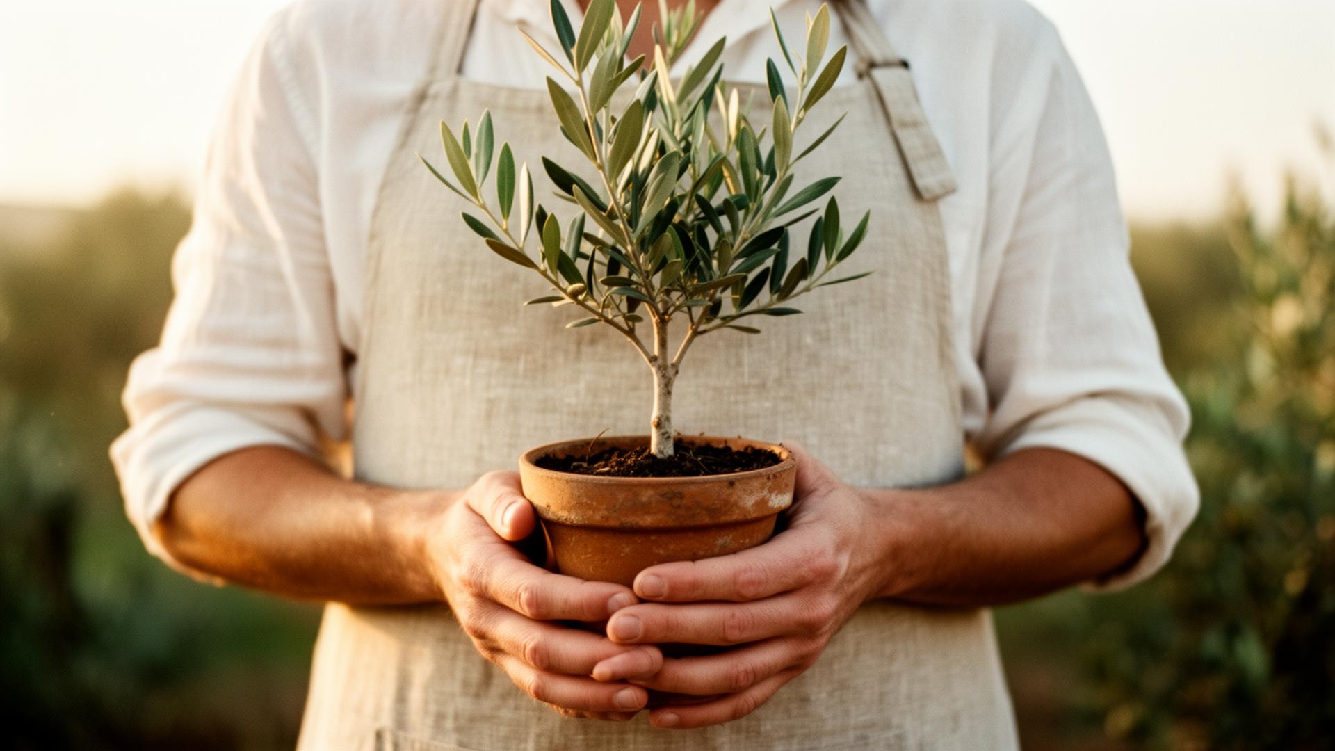 A grower cradling a young olive tree at golden hour